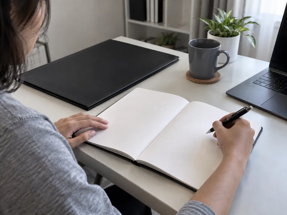 Ilustrasi persediaan pelanggan: Tangan pelanggan dengan pen di atas buku nota kosong bersama folder hitam.